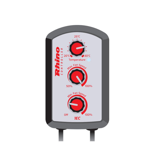 Rhino 1EC Fan Controller — front view with temperature, maximum and minimum speed dials