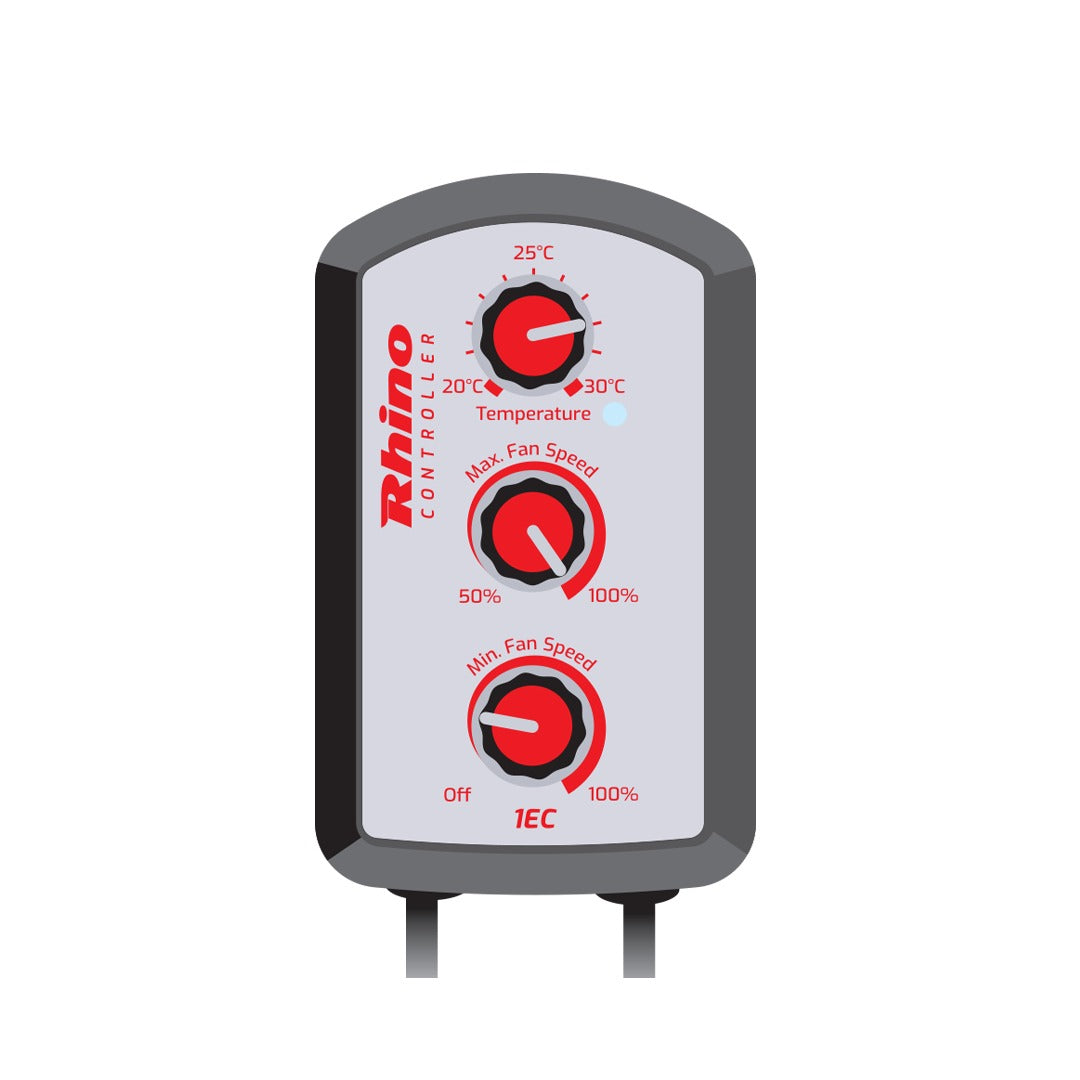 Rhino 1EC Fan Controller — front view with temperature, maximum and minimum speed dials