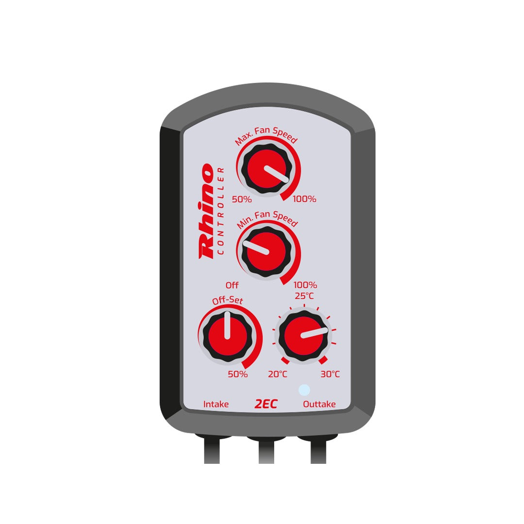 Rhino 2EC Fan Controller — front view with speed, off-set and temperature dials and intake and outtake leads
