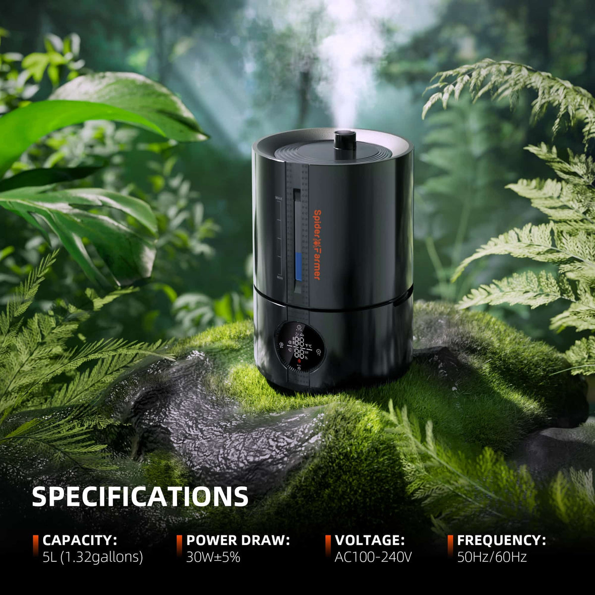 Spider Farmer 5L Smart Cool Mist Humidifier specifications: 5L, 30W, 100-240V
