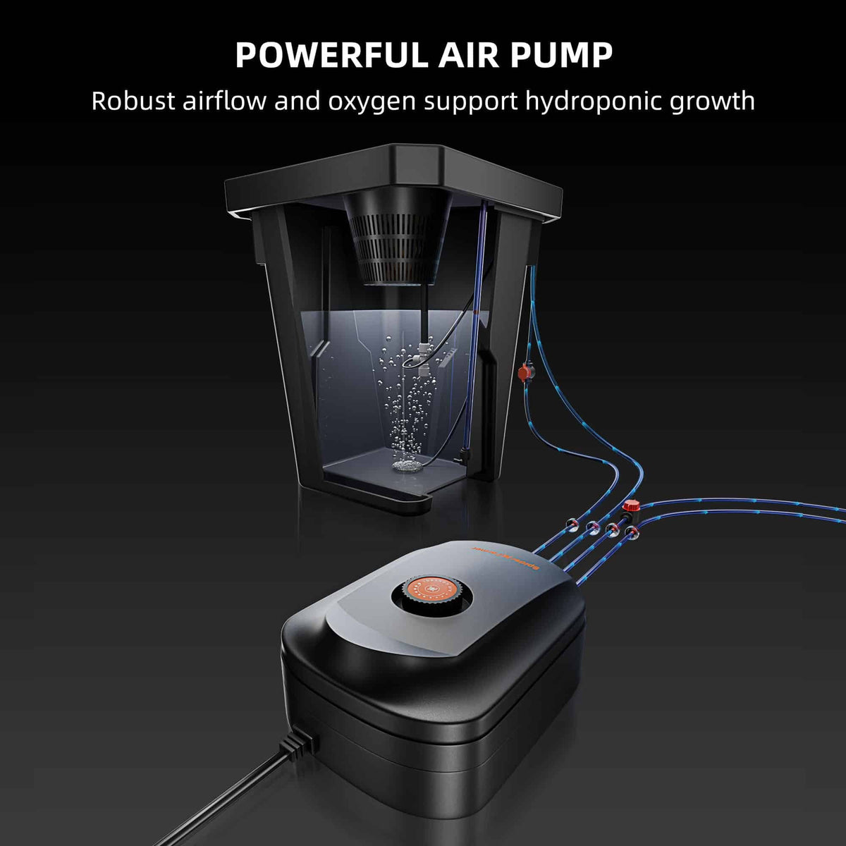 Spider Farmer DWC Hydroponics Grow System air pump feeding the bucket air stone