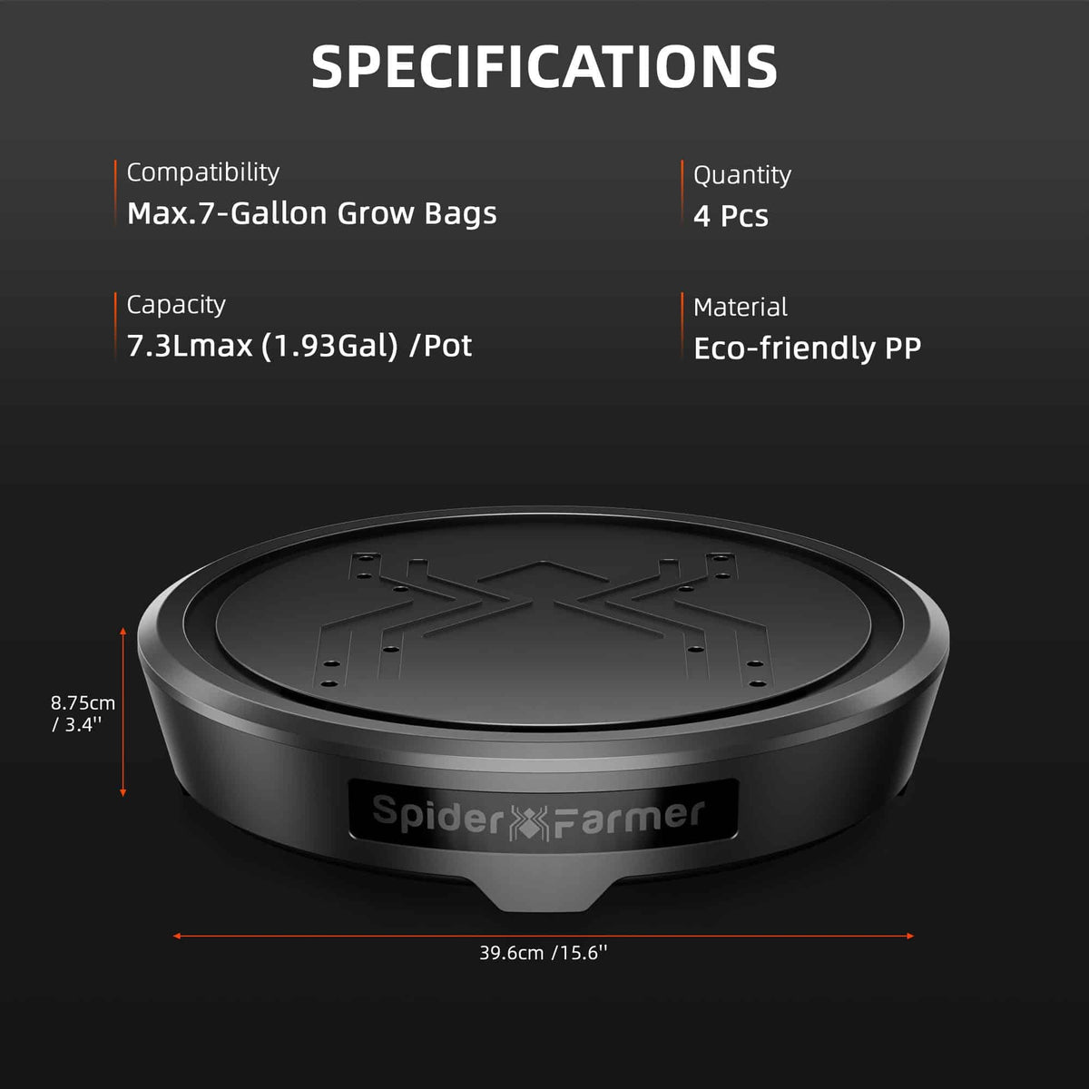 Spider Farmer Self-Watering System base specifications: 39.6 cm wide, 8.75 cm high, 7.3 L