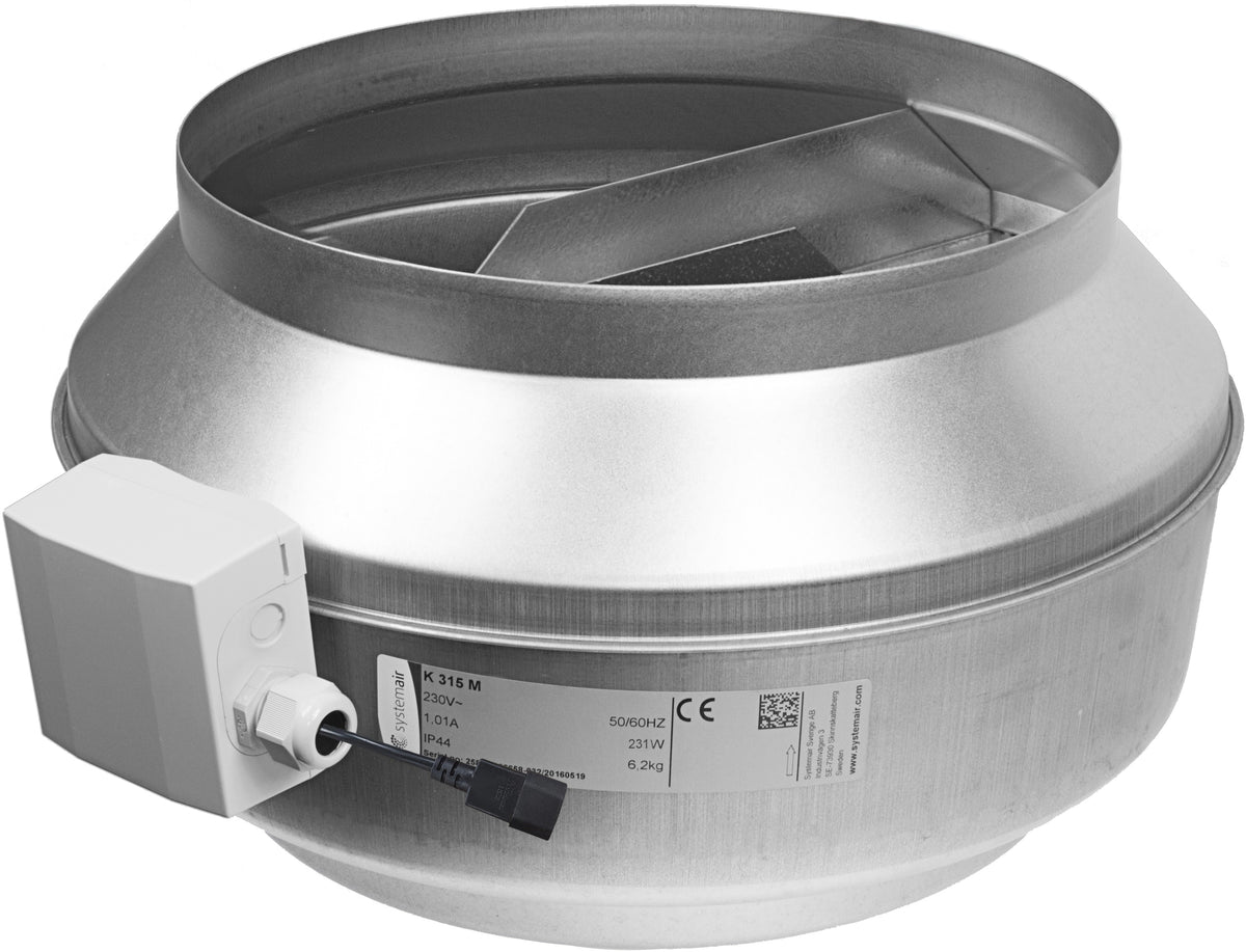 Systemair K AC Inline Duct Fan 12" (315mm) M side view showing the wide inlet spigot, terminal box, IEC lead and rating plate
