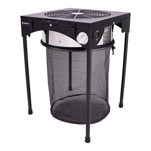 Trimzilla 16" Quick Cut Leaf Trimmer on its freestanding legs with mesh collection basket