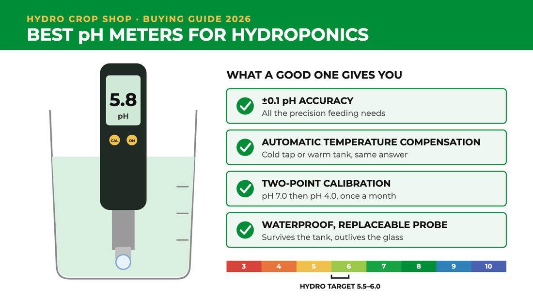 Best pH meters for hydroponics: a pH pen reading 5.8 in a beaker, with accuracy, temperature compensation, calibration and a replaceable probe listed as what to look for