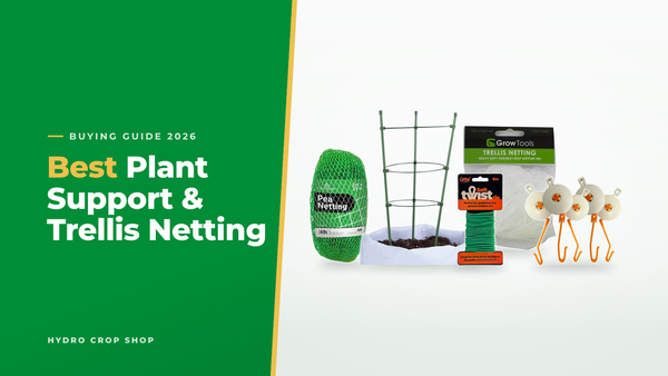 Best plant support and trellis netting: pea and bean netting, Grow Tools circular trellis, trellis netting, soft twist tie and plant yo-yos
