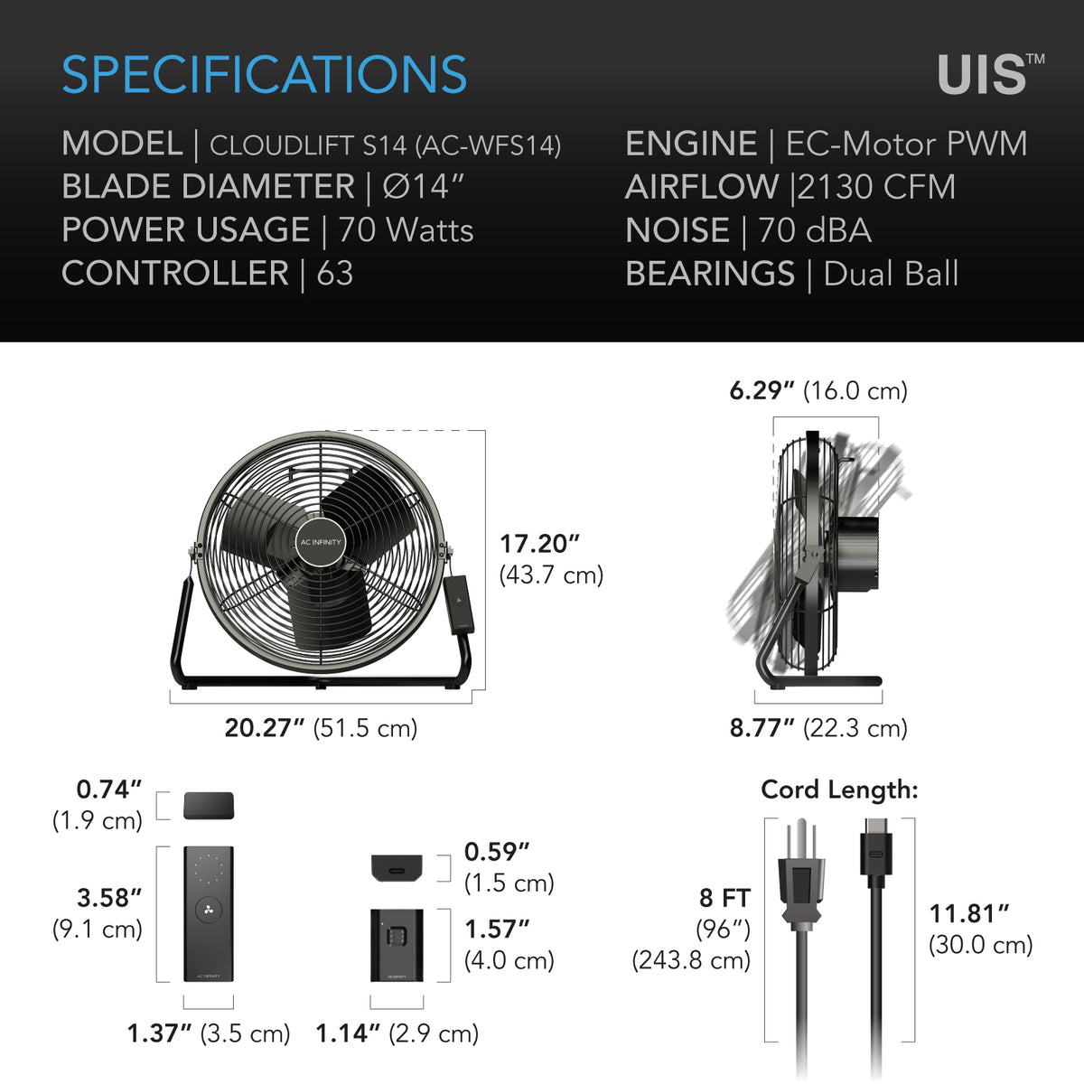 AC Infinity CLOUDLIFT S14 specification and dimension chart