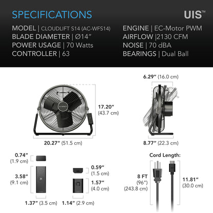 AC Infinity CLOUDLIFT S14 specification and dimension chart