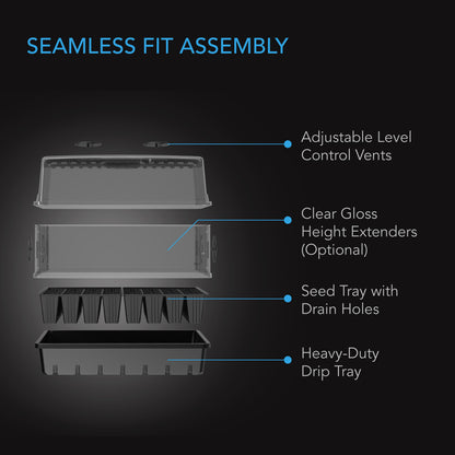 AC Infinity humidity dome exploded assembly diagram with vents and height extenders