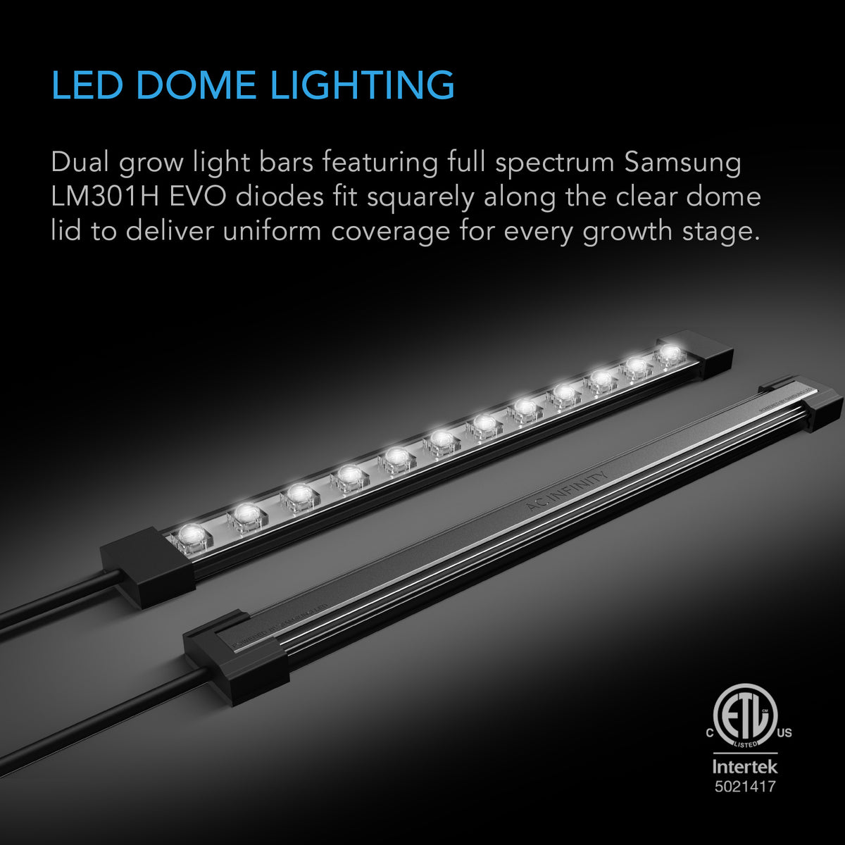 AC Infinity humidity dome dual LED grow light bars on the lid