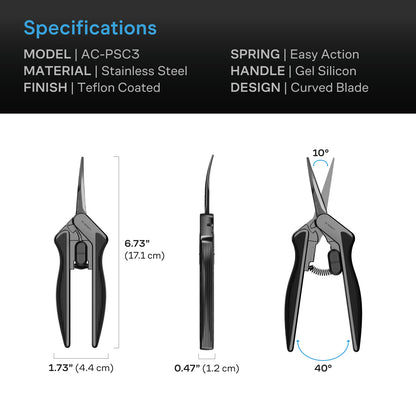 AC Infinity curved pruning shears specification and dimension chart
