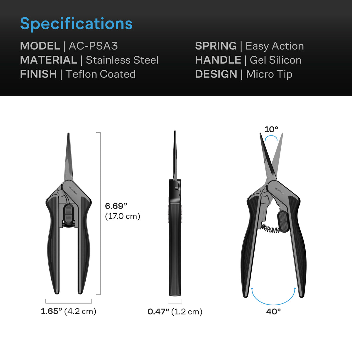 AC Infinity straight pruning shears specification and dimension chart