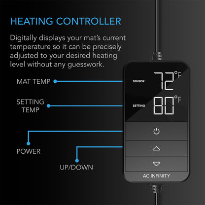 AC Infinity SUNCORE heat mat digital controller showing mat and set temperature