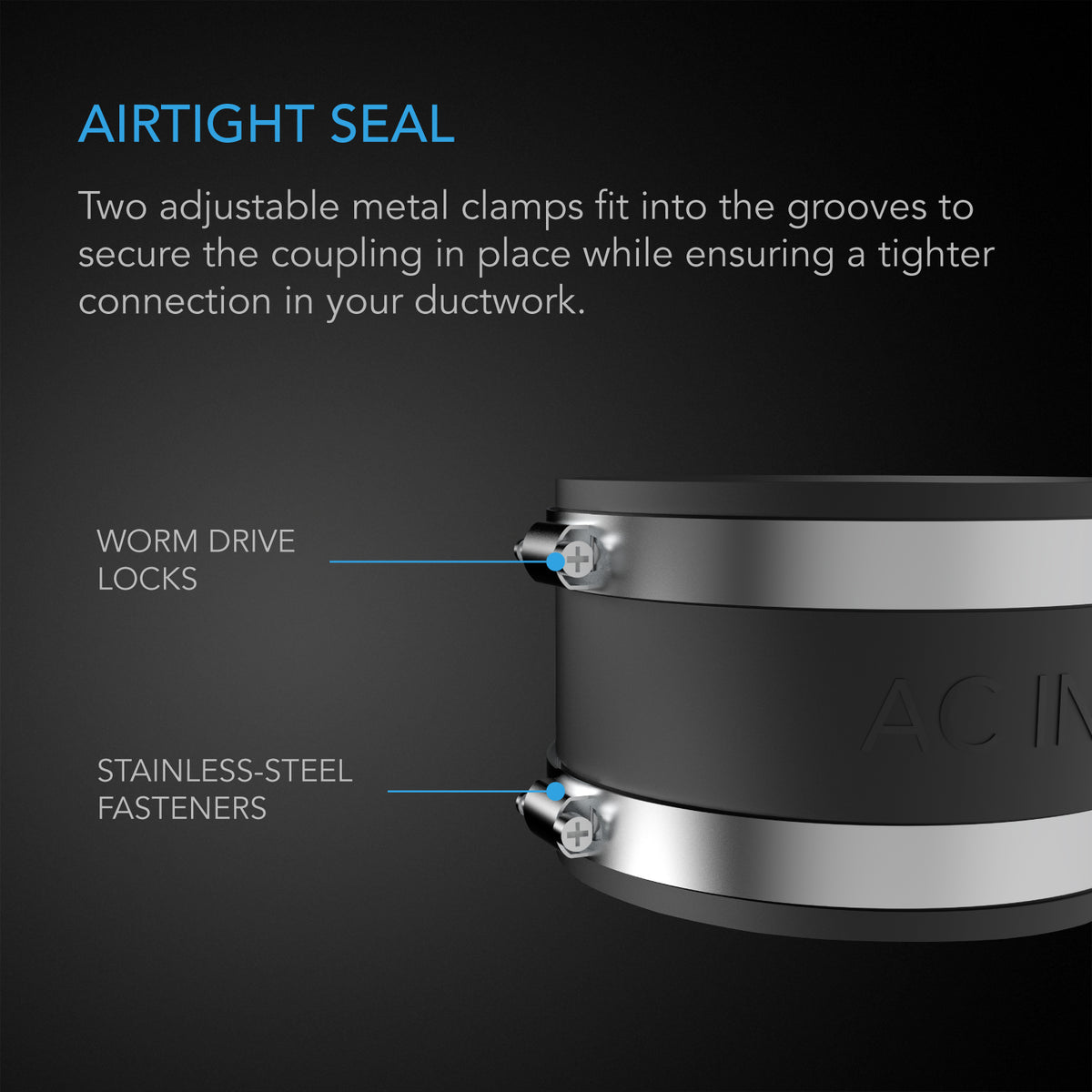 AC Infinity noise reduction clamp airtight seal diagram with worm drive fasteners