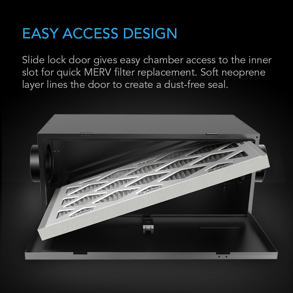 AC Infinity filter box easy access door with slide lock and filter slot cutaway