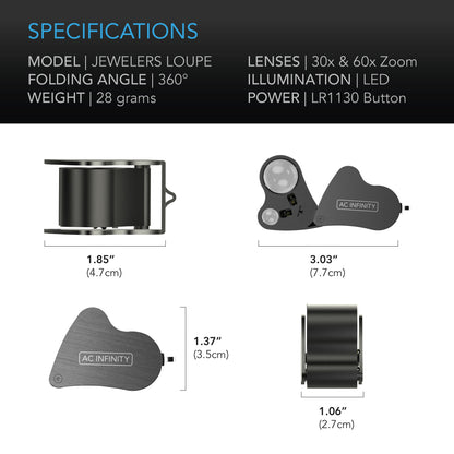 AC Infinity jewellers loupe specification and dimension chart