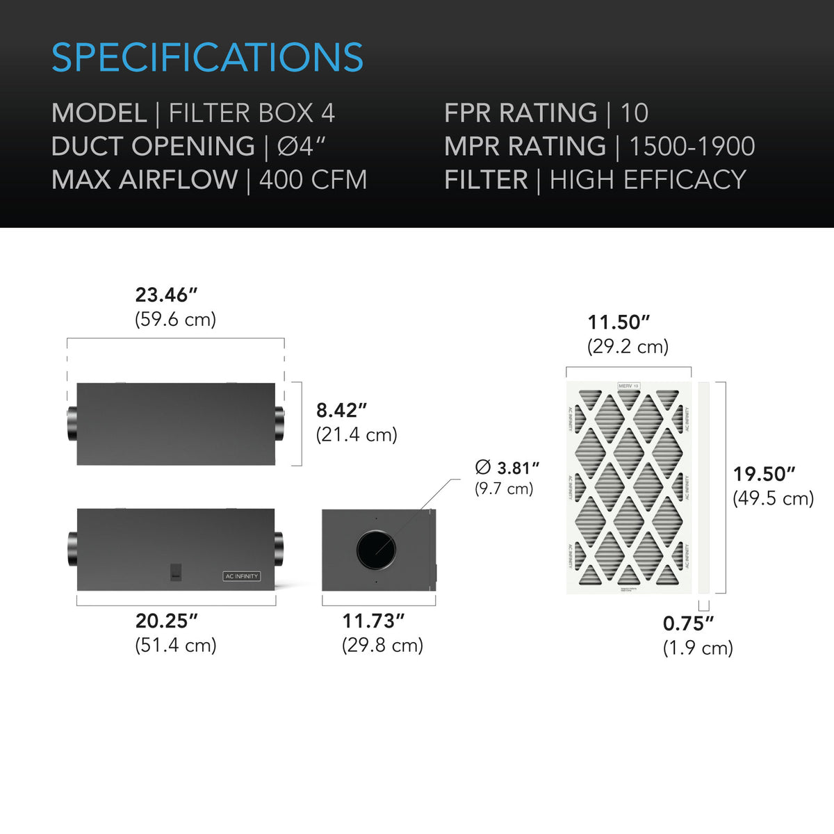 AC Infinity Duct Air Filter Box 4 inch specification and dimension chart