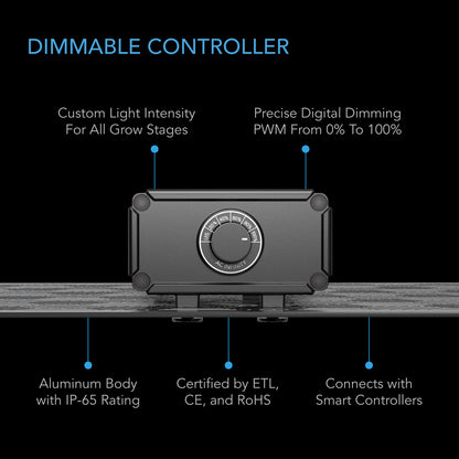 AC Infinity IONBOARD dimmable controller with IP-65 and certification callouts