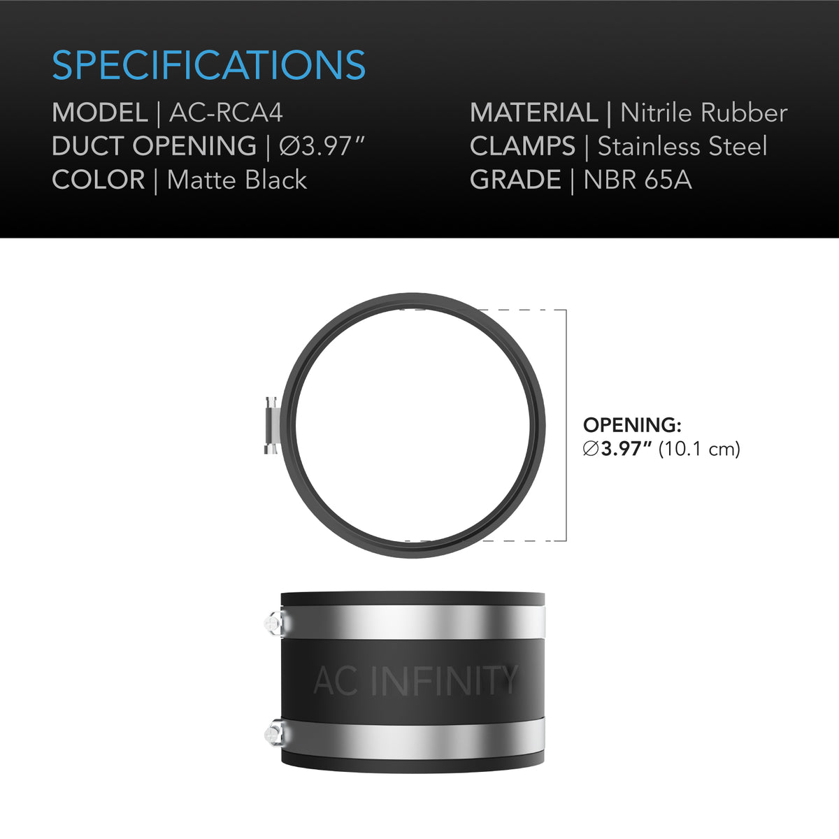 AC Infinity Noise Reduction Clamp 4 inch specification and dimension chart