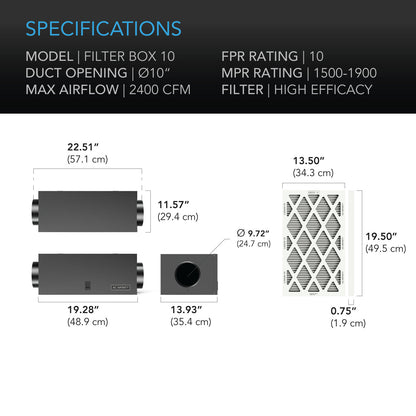 AC Infinity Duct Air Filter Box 10 inch specification and dimension chart