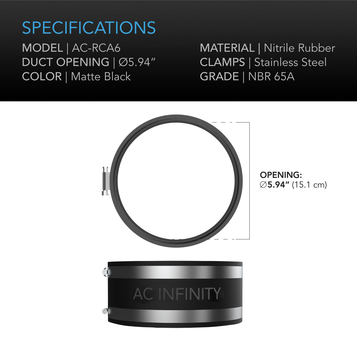 AC Infinity Noise Reduction Clamp 6 inch specification and dimension chart