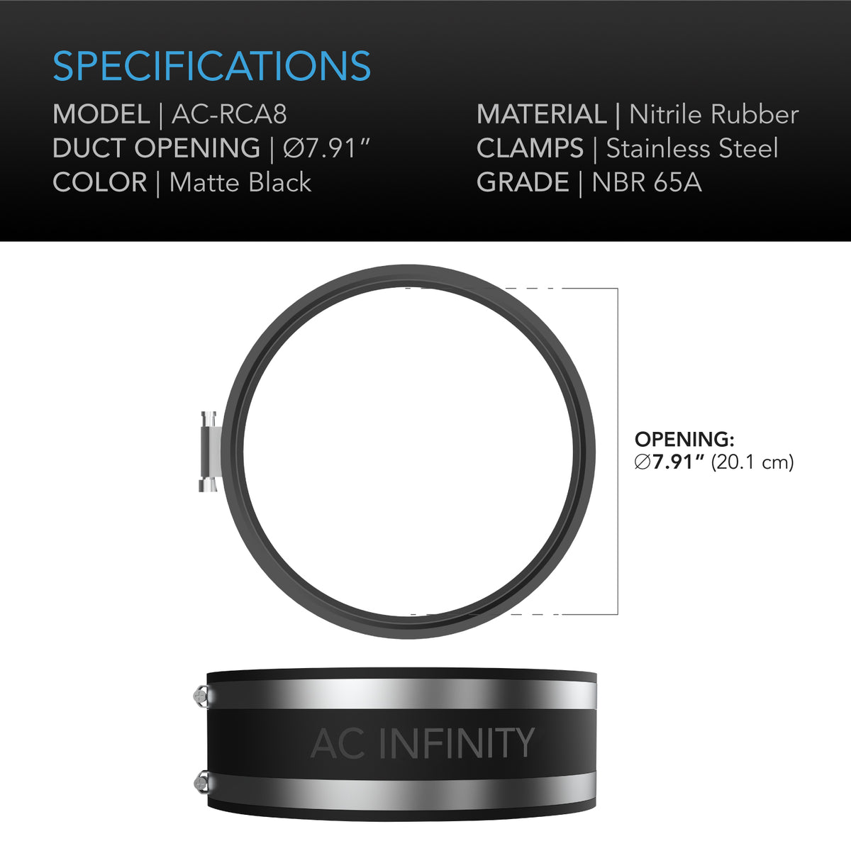 AC Infinity Noise Reduction Clamp 8 inch specification and dimension chart