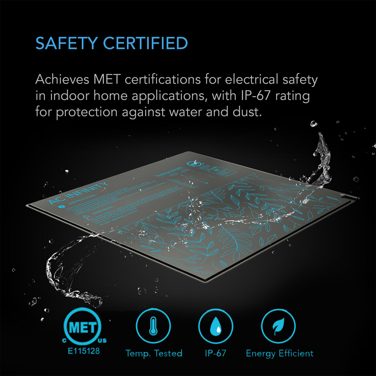 AC Infinity SUNCORE heat mat MET certification and IP-67 rating badges