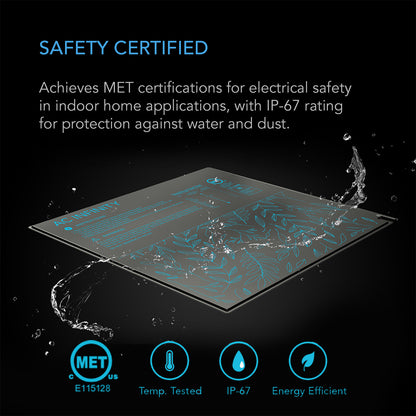 AC Infinity SUNCORE heat mat MET certification and IP-67 rating badges