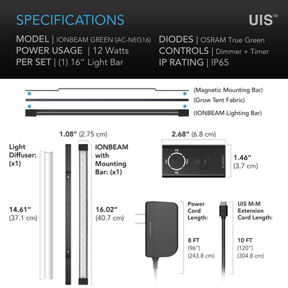 AC Infinity IONBEAM Green specification and dimension chart, one bar per set