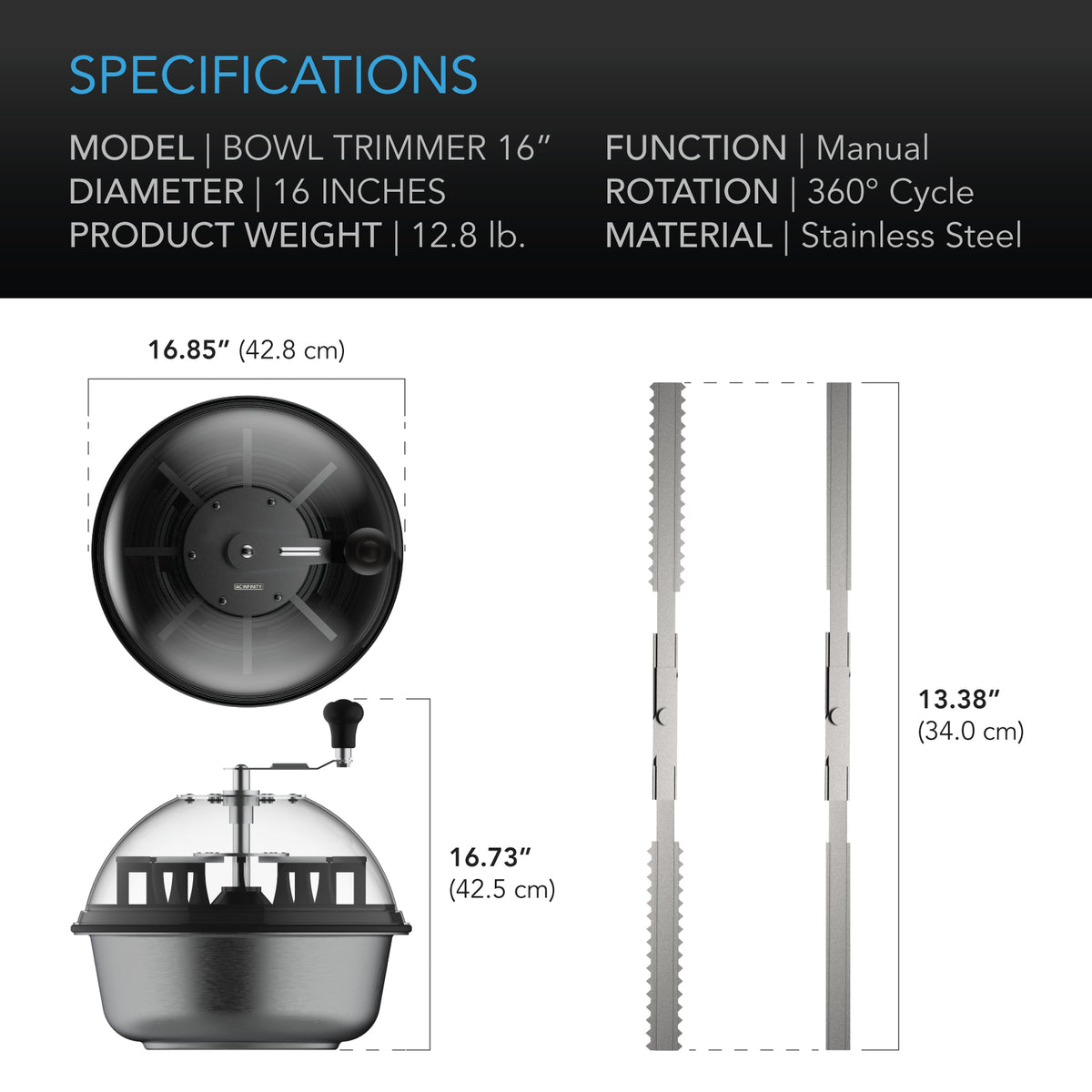 AC Infinity bowl leaf trimmer 16 inch specification and dimension chart