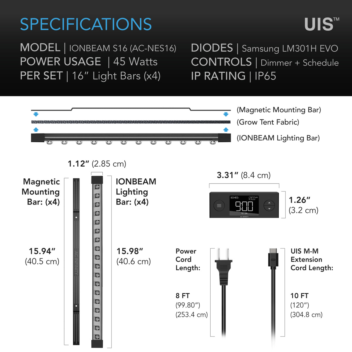 AC Infinity IONBEAM S16 specification and dimension chart