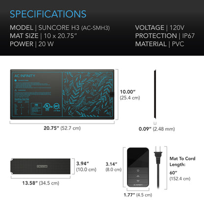 AC Infinity SUNCORE H3 specification and dimension chart