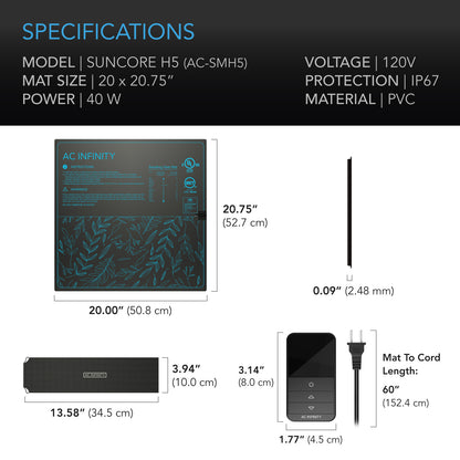 AC Infinity SUNCORE H5 specification and dimension chart