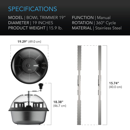 AC Infinity bowl leaf trimmer 19 inch specification and dimension chart