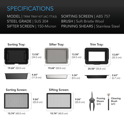 AC Infinity large trim tray system specification and dimension chart