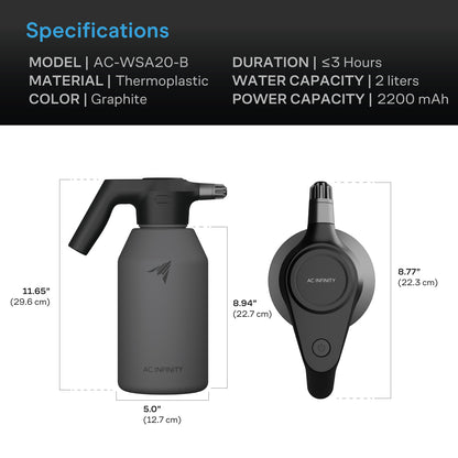AC Infinity automatic water sprayer specification and dimension chart