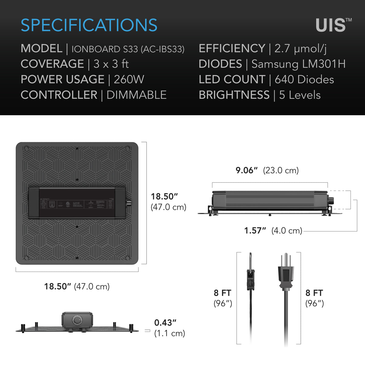 AC Infinity IONBOARD S33 specification and dimension chart