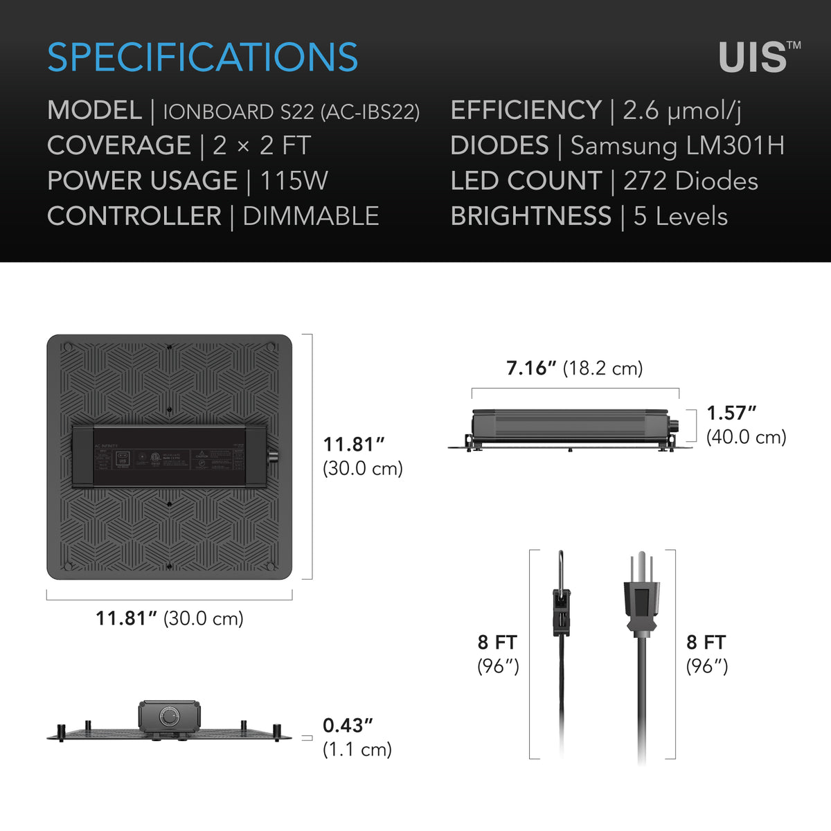 AC Infinity IONBOARD S22 specification and dimension chart