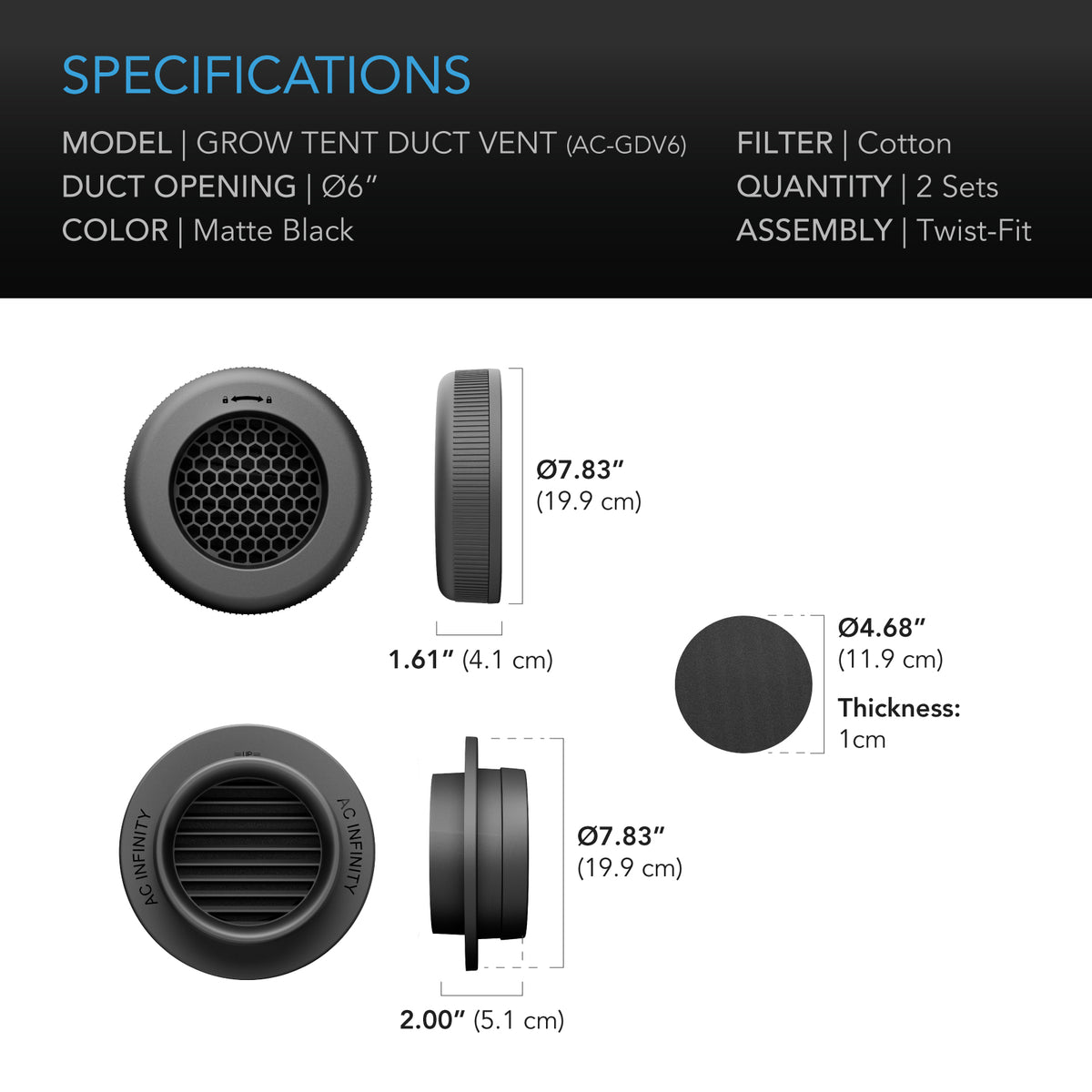 AC Infinity Duct Vent Attachment 6 inch specification and dimension chart