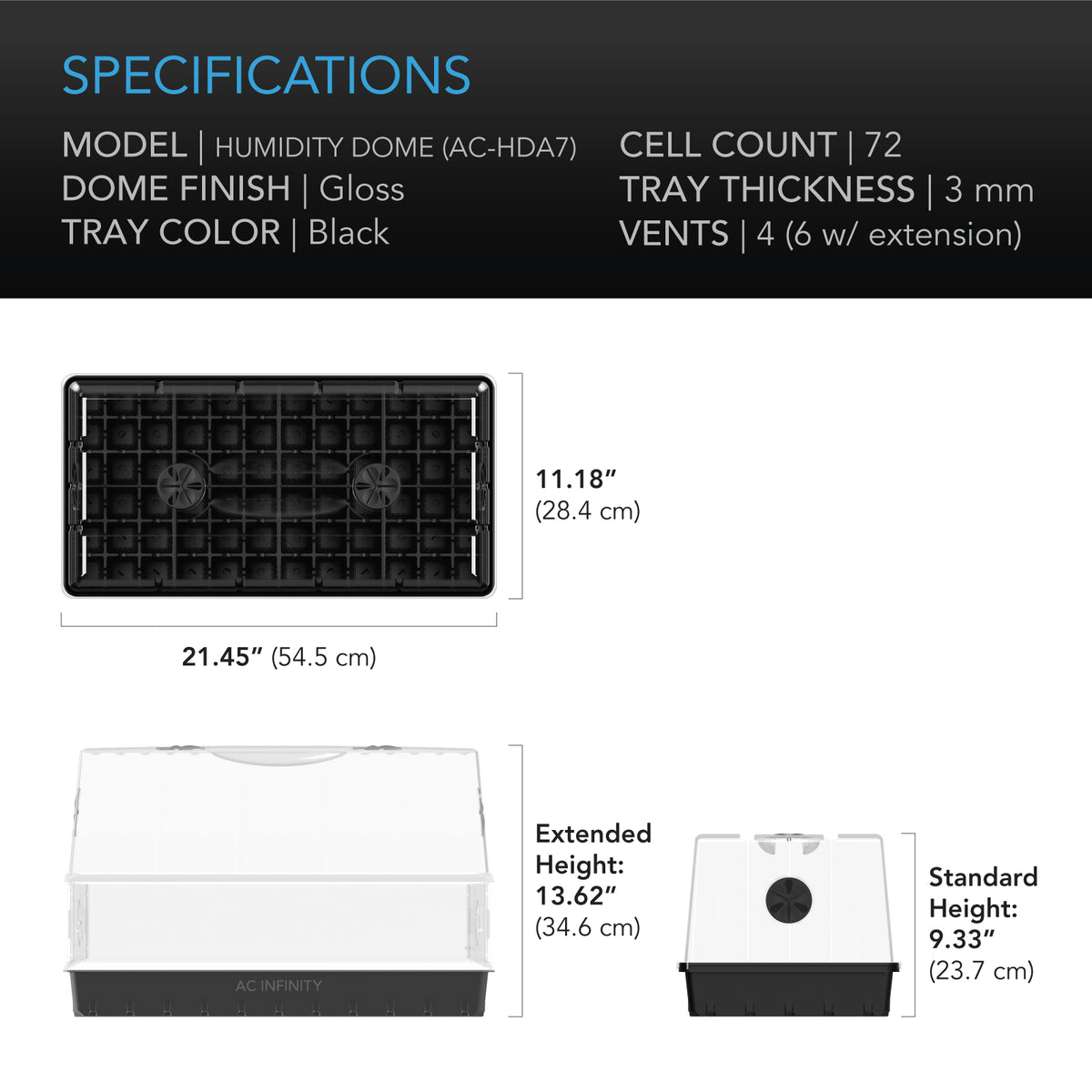 AC Infinity humidity dome 6x12 specification and dimension chart