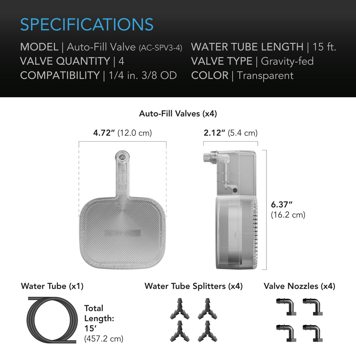 AC Infinity Auto-Fill Upgrade Valve Kit specifications and contents drawing