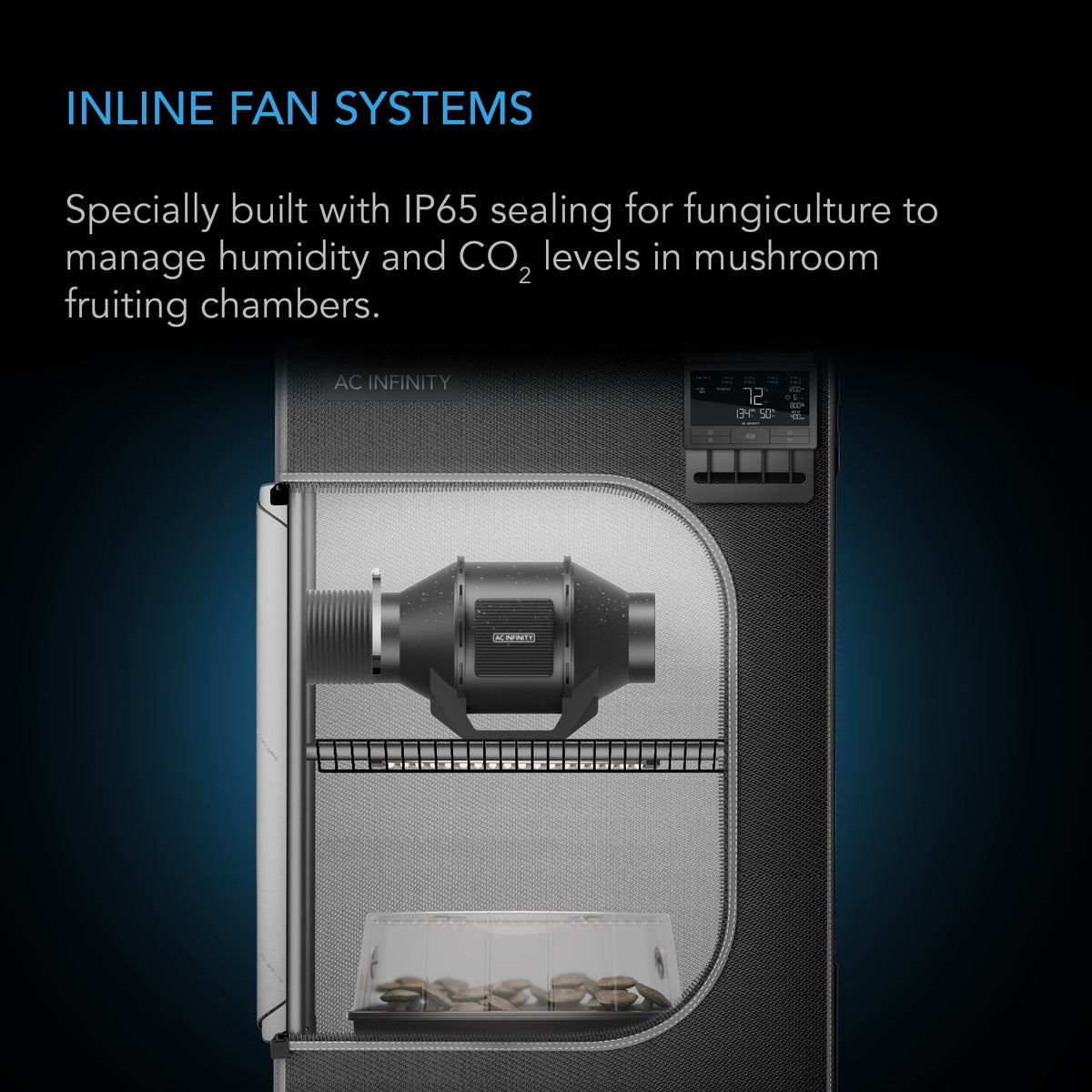 AC Infinity Cloudline H4 Inline Fan ventilating a mushroom fruiting chamber