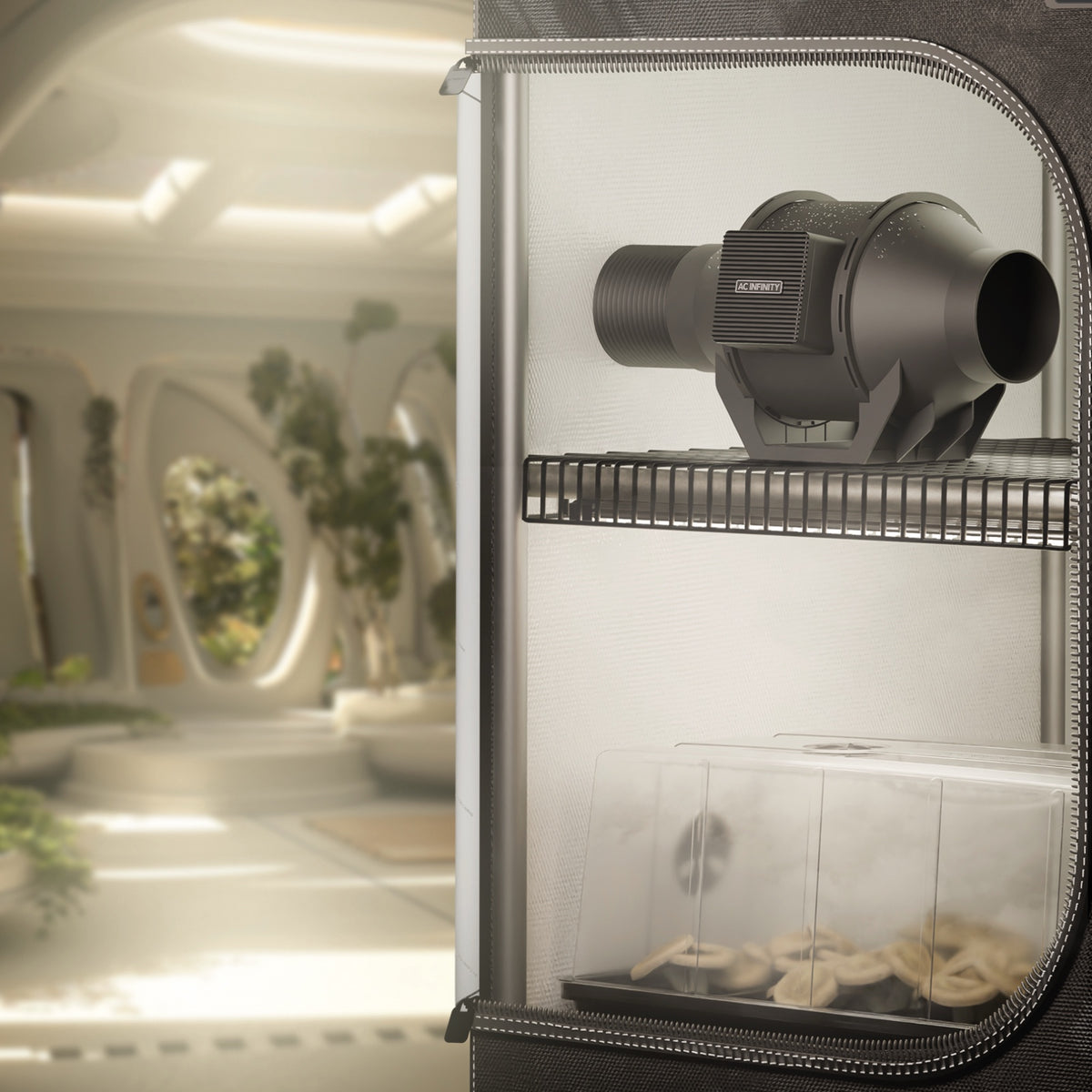 AC Infinity Cloudline H4 Inline Fan mounted on a shelf inside a grow tent