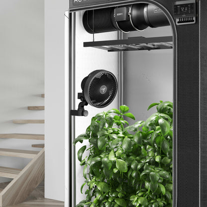 AC Infinity CloudRay Manual Clip Fan clamped to a grow tent pole above the plants