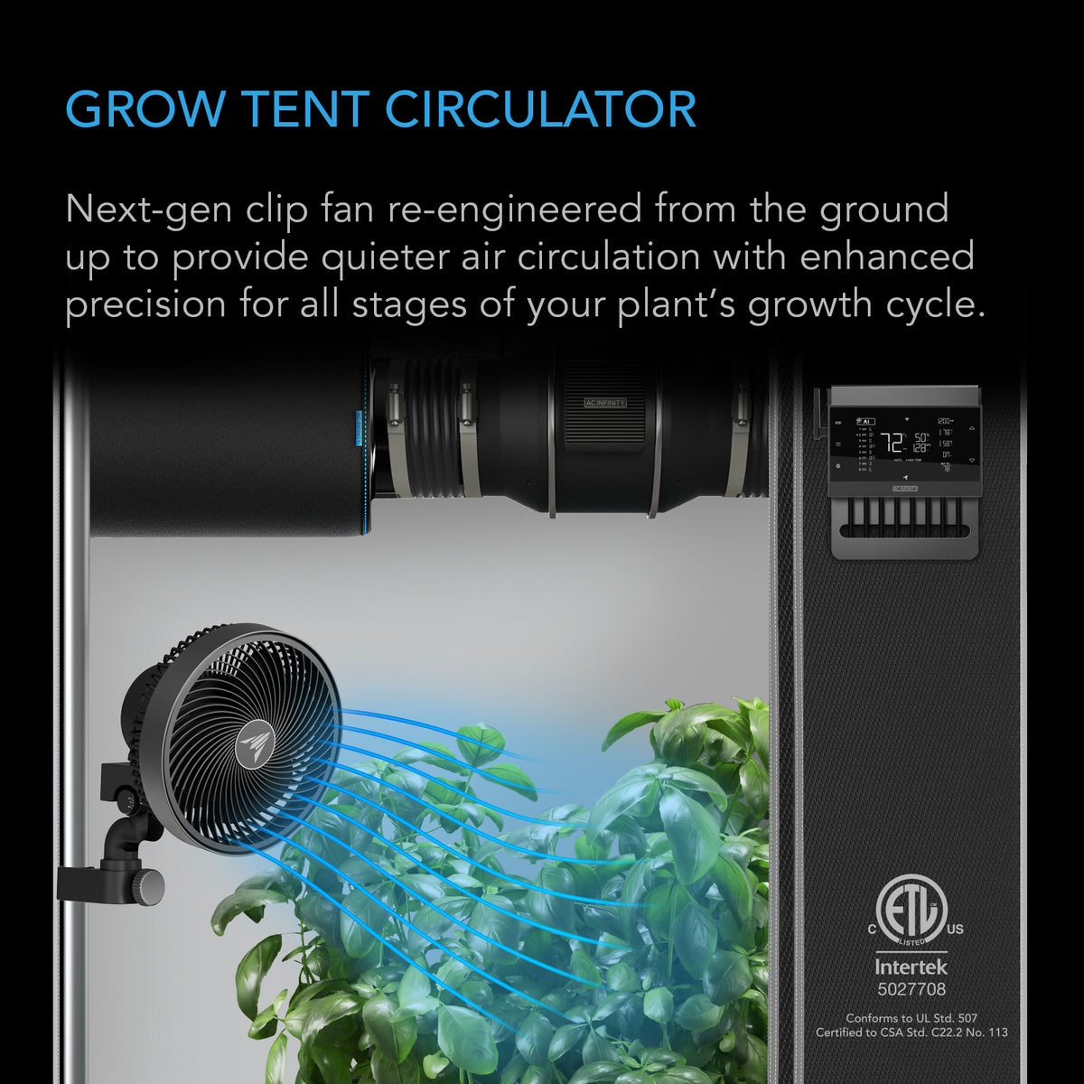AC Infinity CloudRay Manual Clip Fan circulating air across a grow tent canopy