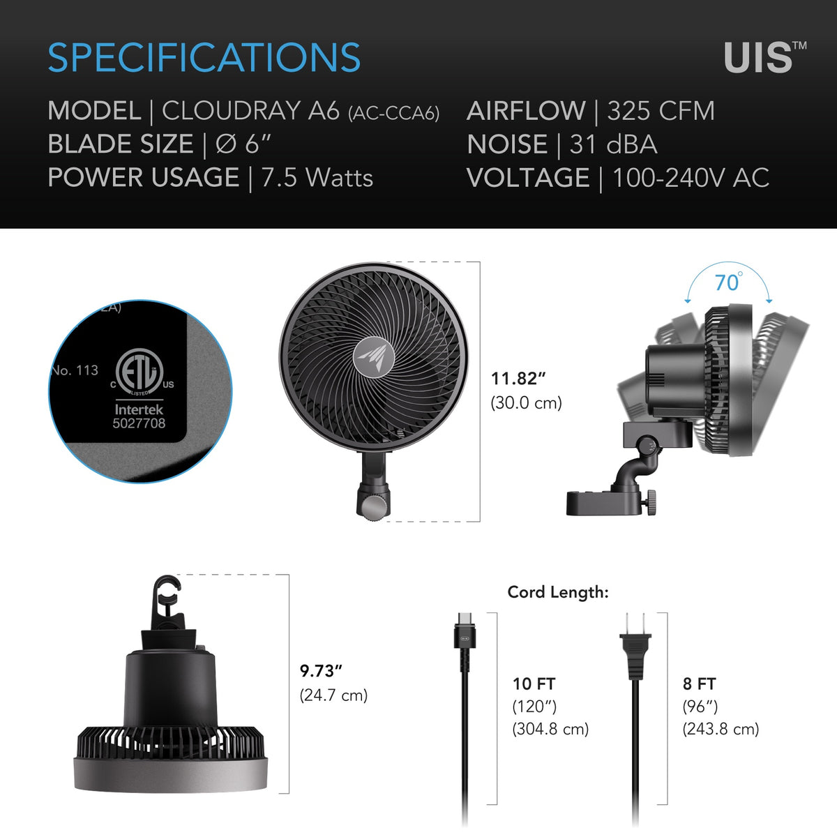 AC Infinity CloudRay Manual Clip Fan A6 specifications and dimension drawing