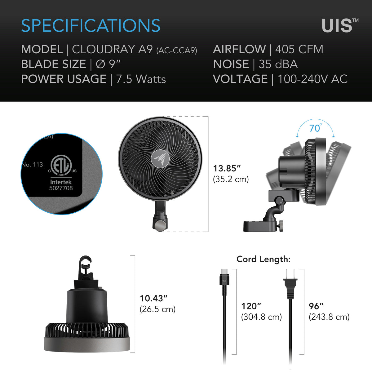AC Infinity CloudRay Manual Clip Fan A9 specifications and dimension drawing