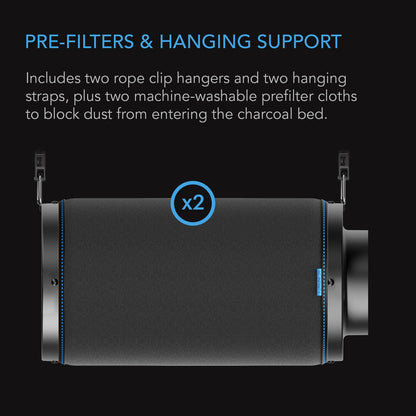 AC Infinity Duct Carbon Filter with its two washable pre-filter cloths, hanging straps and rope clip hangers