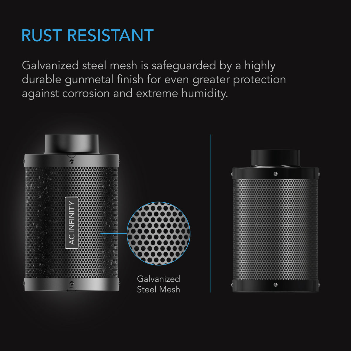 AC Infinity Duct Carbon Filter close-up of the galvanised steel mesh with gunmetal finish