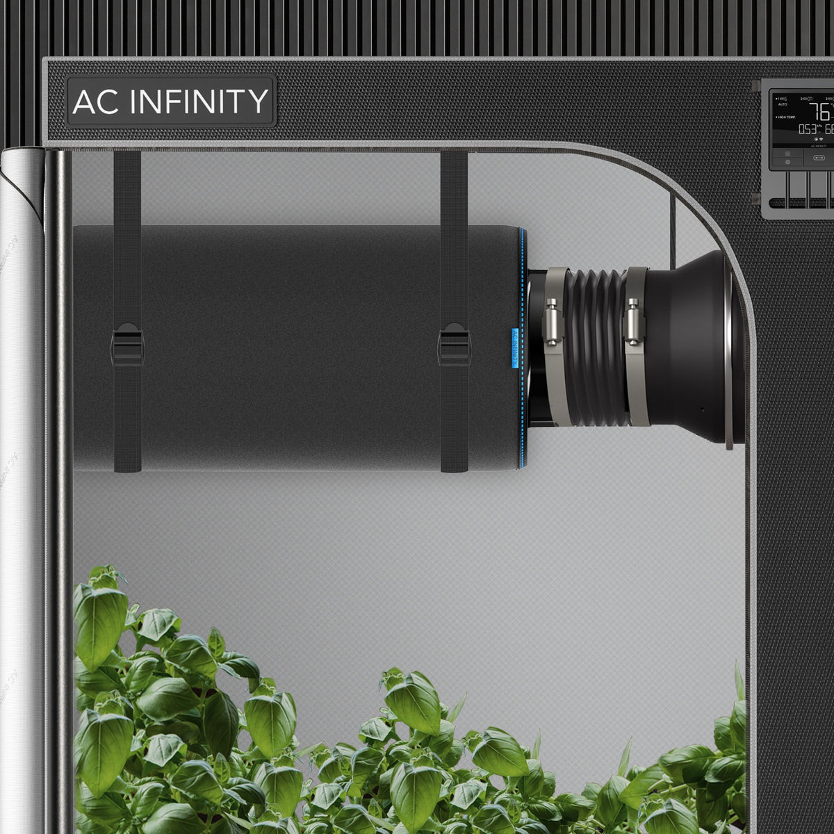 AC Infinity Duct Carbon Filter hung from a grow tent roof bar on its straps, pre-filter fitted, connected to an inline fan